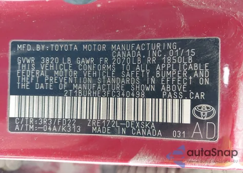 2015 Toyota Corolla L/Le/Le Pls/Prm/S/S Pls из США, поврежденный, VIN 2T1BURHE3FC340498